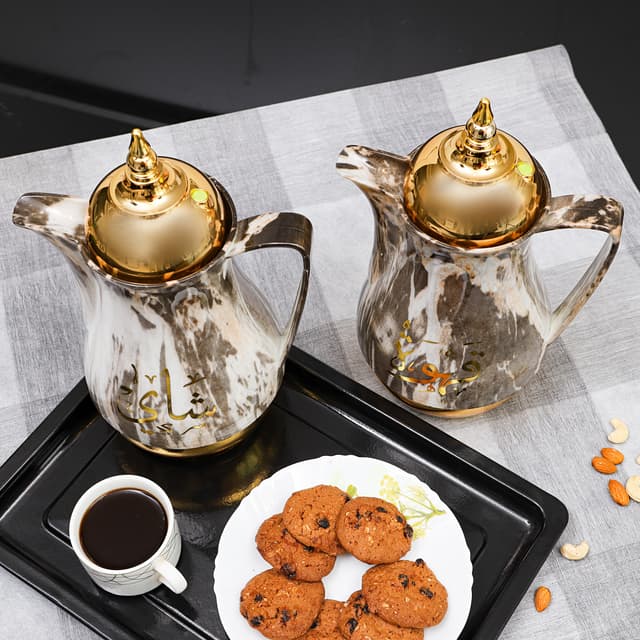 ترمس شاي  ( 2 قطعة ) 1 لتر - ذهبي / أسود  Royalford -  Marble Tea & Cawa Set
