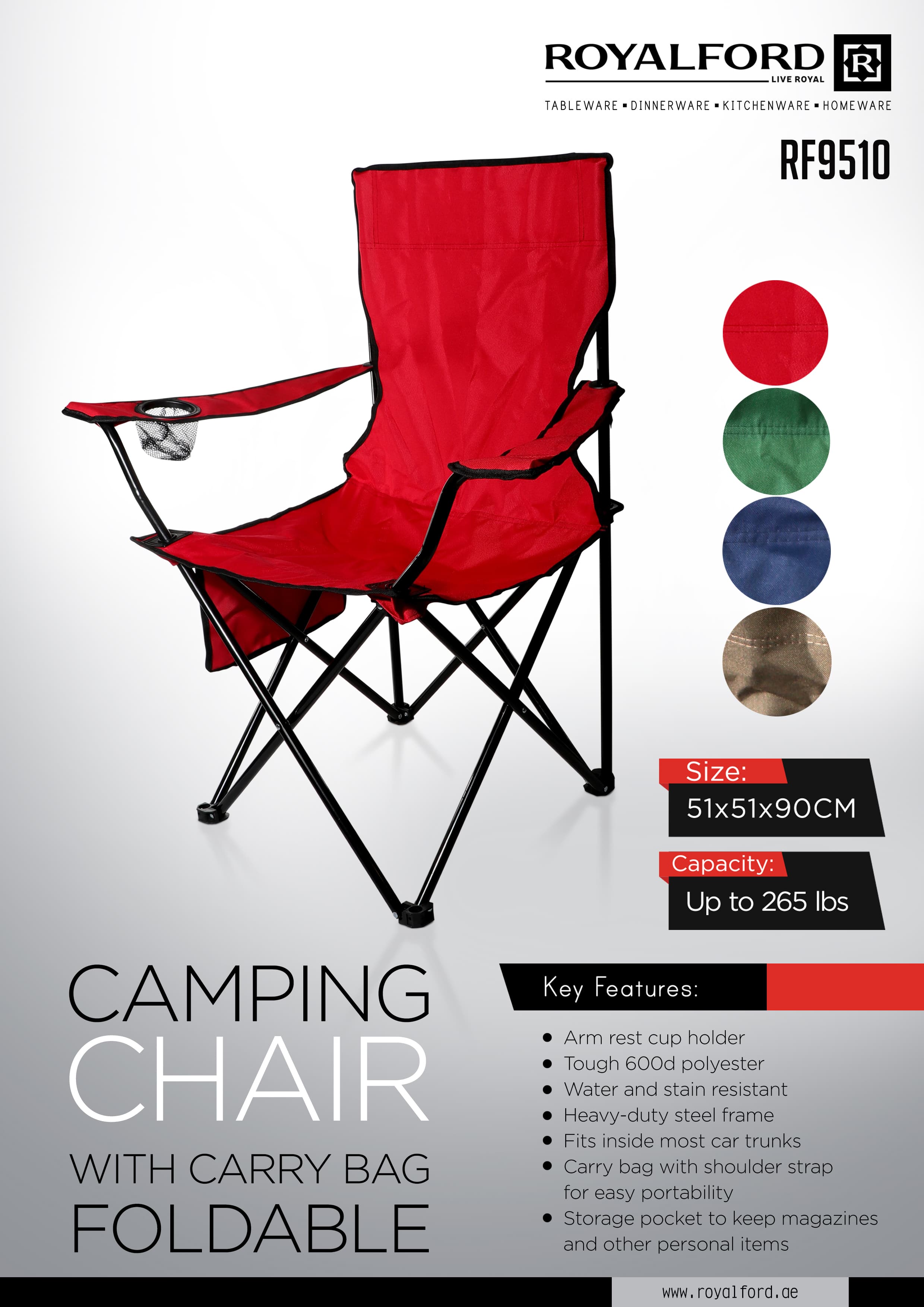 Royalford Camping Hair With Carrying Bag Foldable (51X51X90Cm)- Compact Folding Camping Chair, Heavy