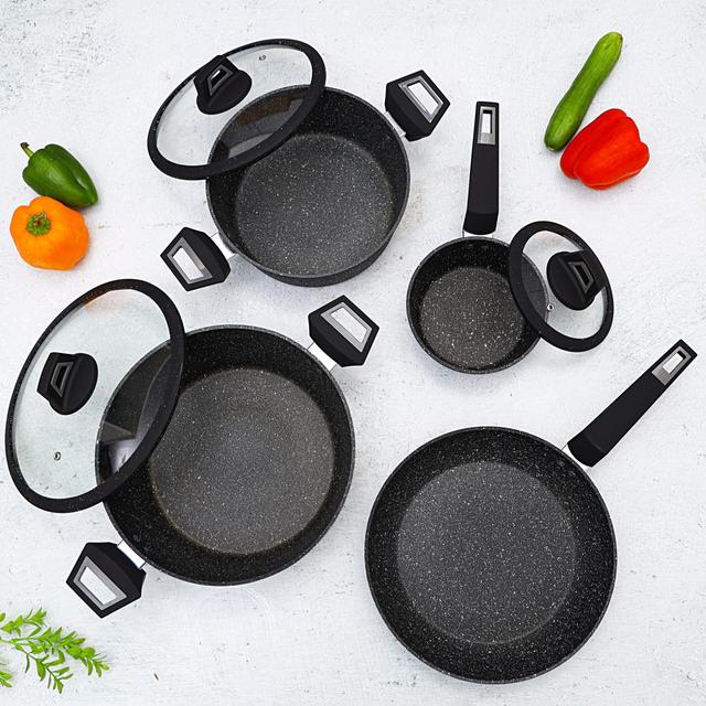 Royalford Chef Art Aluminium Cookware Set, 7 Pieces, Black, Scratch Resistant, Tempered Glass Lids - SW1hZ2U6Mzg5MTc1