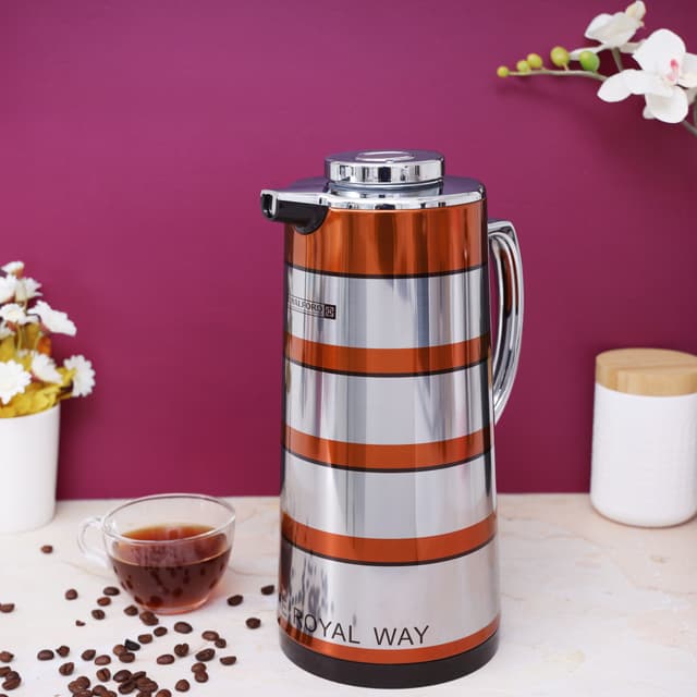 دلة قهوة حافظة للحرارة بسعة 1.6 لتر ذهبي | Royalford 1.6L Double Wall Golden Figured Vacuum Flask