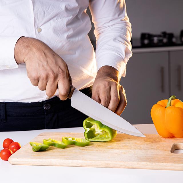 Royalford 8" Chef Knife With Wooden Finish - All-Purpose Small Kitchen Knife - Ultra Sharp Stainless - SW1hZ2U6Mzg0NTA4