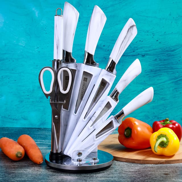 طقم سكاكين ستانلس ستيل 8 قطع | Royalford Kitchen Knife Set With Rotating Knife Block