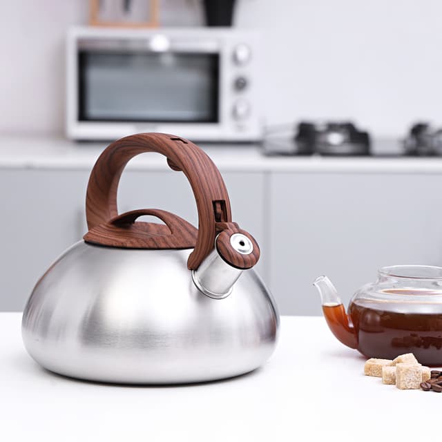 Royalford 3L Whistling Kettle - Portable Design Whistling Tea Kettle With Heat Wooden Finish Lid - 163060