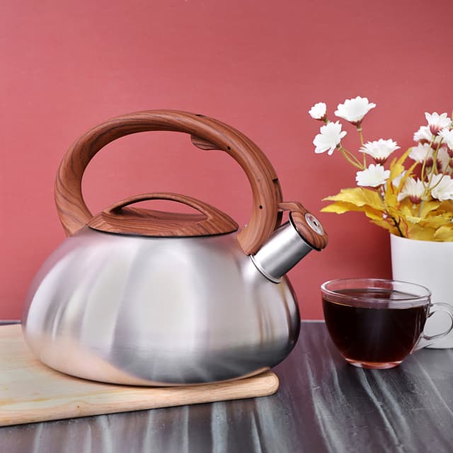 Royalford 3L Whistling Kettle - Portable Design Whistling Tea Kettle With Heat Wooden Finish Lid - 163058