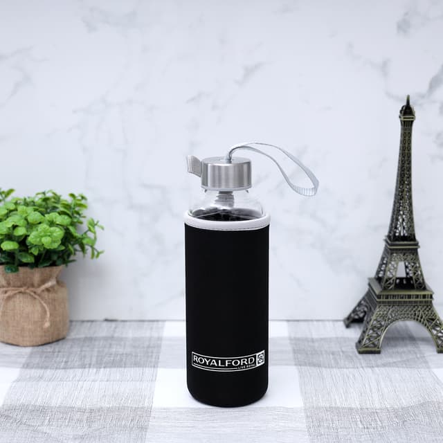 Royalford 500Ml Glass Water Bottle With Neoprene Bag - Portable Steel Cap Lead-Free, Travel Flask