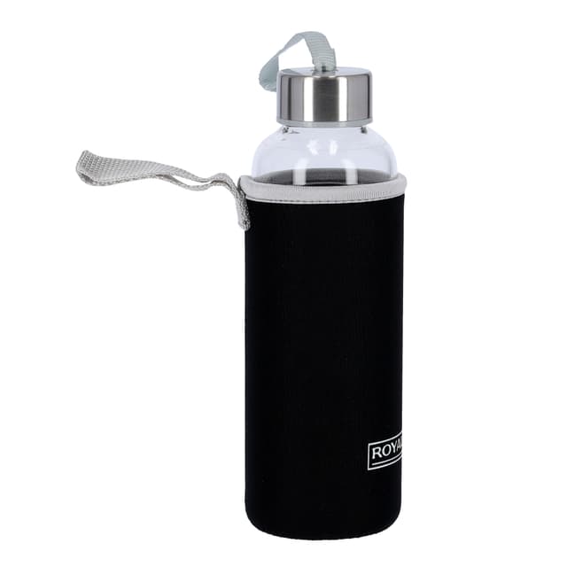Royalford 500Ml Glass Water Bottle With Neoprene Bag - Portable Steel Cap Lead-Free, Travel Flask