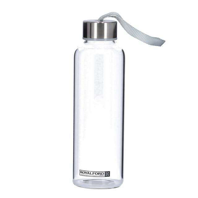 Royalford 500Ml Glass Water Bottle With Neoprene Bag - Portable Steel Cap Lead-Free, Travel Flask