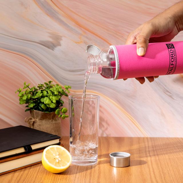 Royalford RF9732 420ML BRS Glass Bottle (Pink) - Durable Borosilicate Glass| Microwave & Dishwasher Safe| Ideal for water, drinks, brew, coffee, tea, sauces - SW1hZ2U6Mzk0MzI3