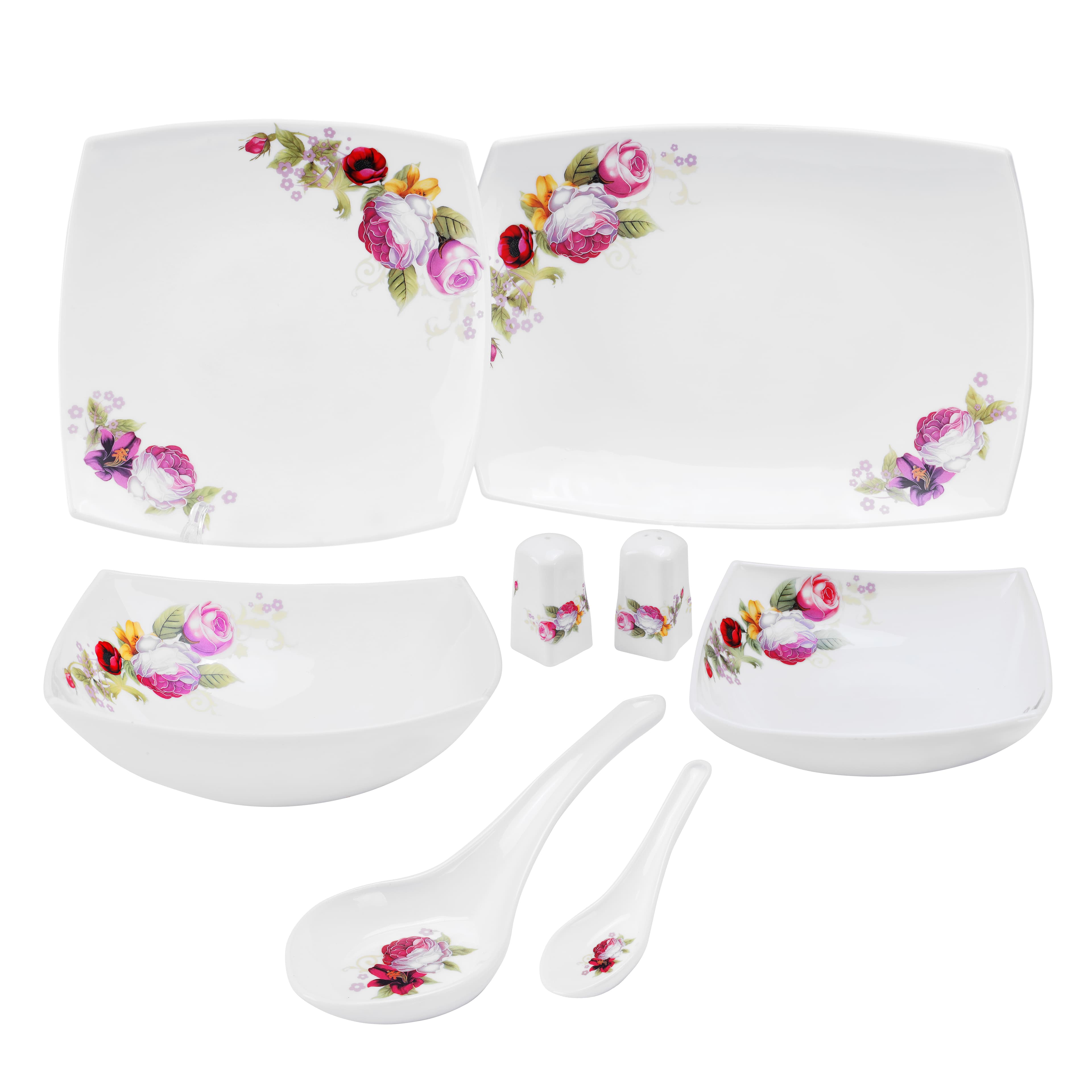 Royalford 71Pcs Opal Ware Dinner Set - Floral Design Plates, Bowls, Spoons & Salt & Pepper Set