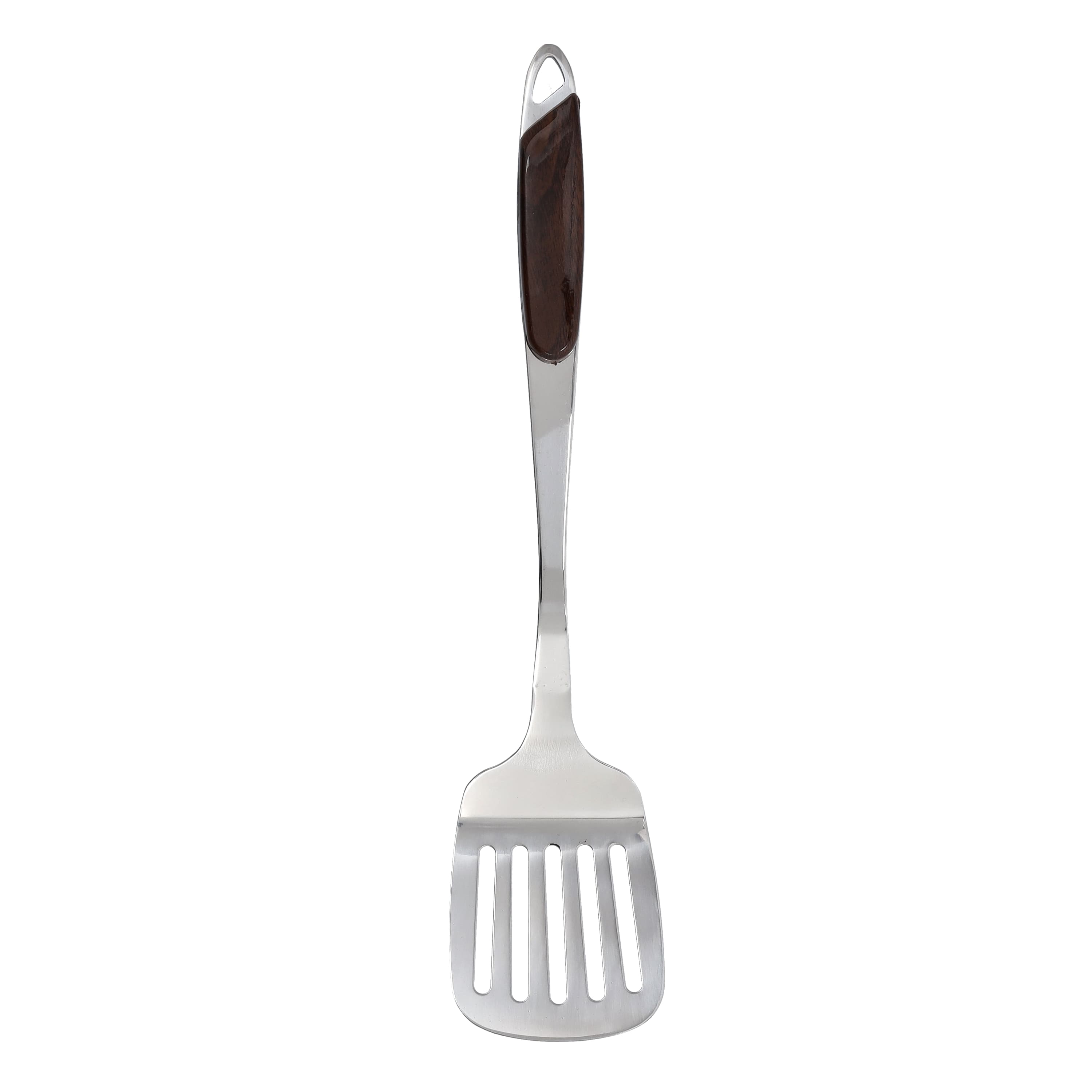 Royalford Stainless Steel Slotted Turner with Wooden handle | RF9776 | Long Handle | With Hanging Hoop | Dishwasher Safe | Ideal for Food Lifting and Serving Tasks | For Home and Restaurant Cooking