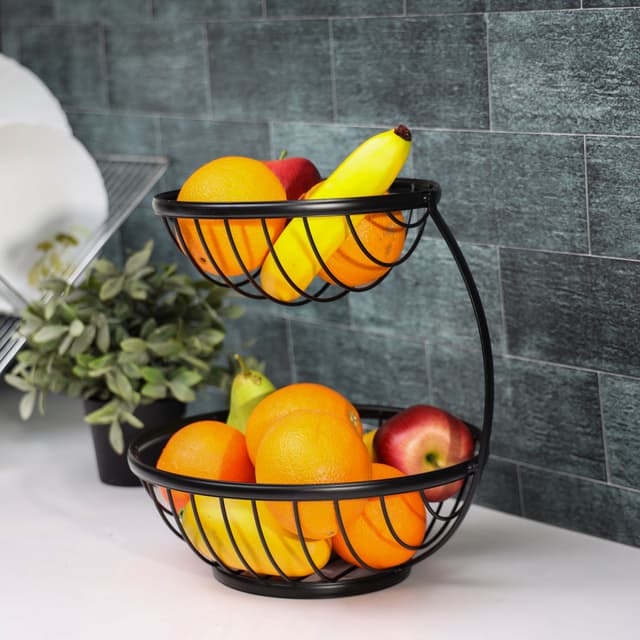 Royalford 2 Tier Fruit Basket - Portable Large Capacity Fruit Bowls, Iron Fruit Vegetable Bowl Baske