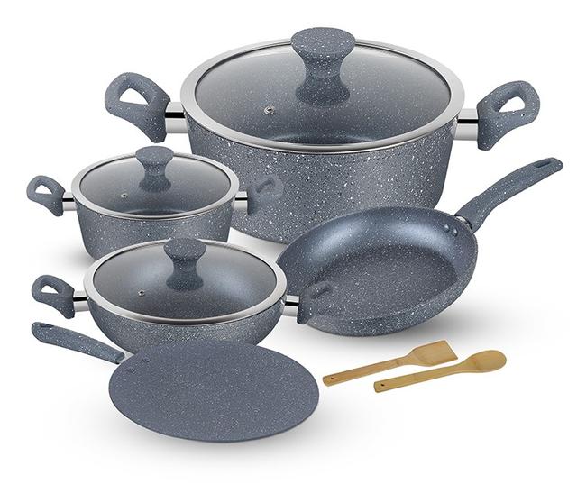 Royalford 10Pcs Forged Aluminium Cookware Set - 3 Layer Granite Coating Saucepan With Lid, Fry Pan - SW1hZ2U6MzY5NTE4