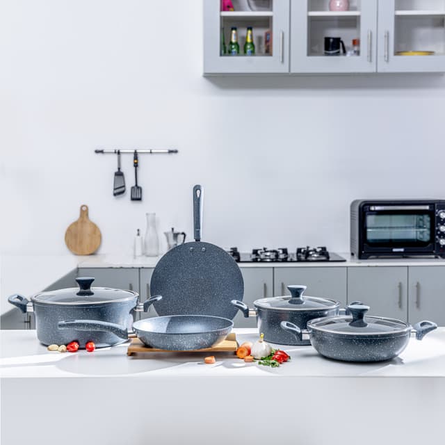 طقم قدور طبخ ومقلاية 10 قطع من رويال فورد Royalford RF9838GR 10 PCS Cookware Set