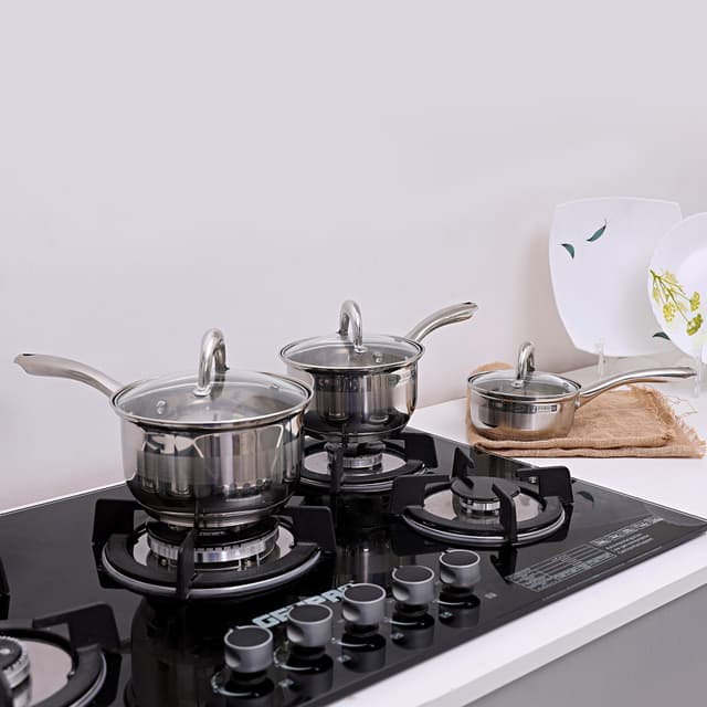 Royalford 6 Pcs Stainless Steel Saucepan Set – Highly Durable Design, Tempered Glass Lid, Pfoa Free