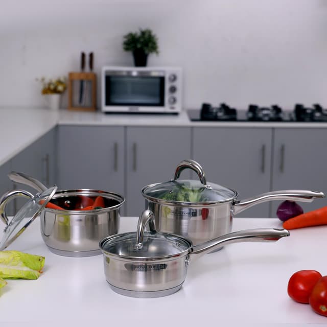 Royalford 6 Pcs Stainless Steel Saucepan Set – Highly Durable Design, Tempered Glass Lid, Pfoa Free