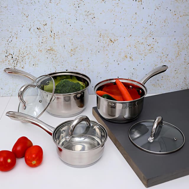 Royalford 6 Pcs Stainless Steel Saucepan Set – Highly Durable Design, Tempered Glass Lid, Pfoa Free