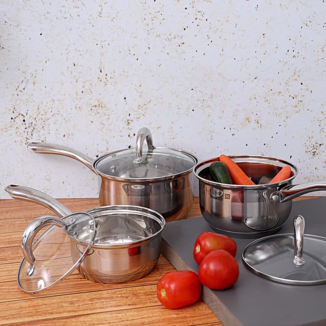 Royalford 6 Pcs Stainless Steel Saucepan Set – Highly Durable Design, Tempered Glass Lid, Pfoa Free