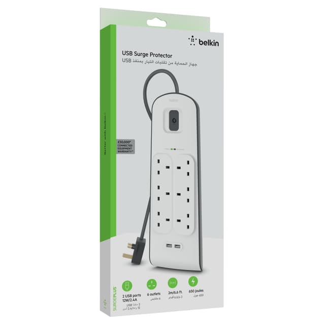 محول كهربائي ب 6 مخارج - 2 متر -  Surge Protector - 6 outputs - 2 USB Ports - 2M - BELKIN