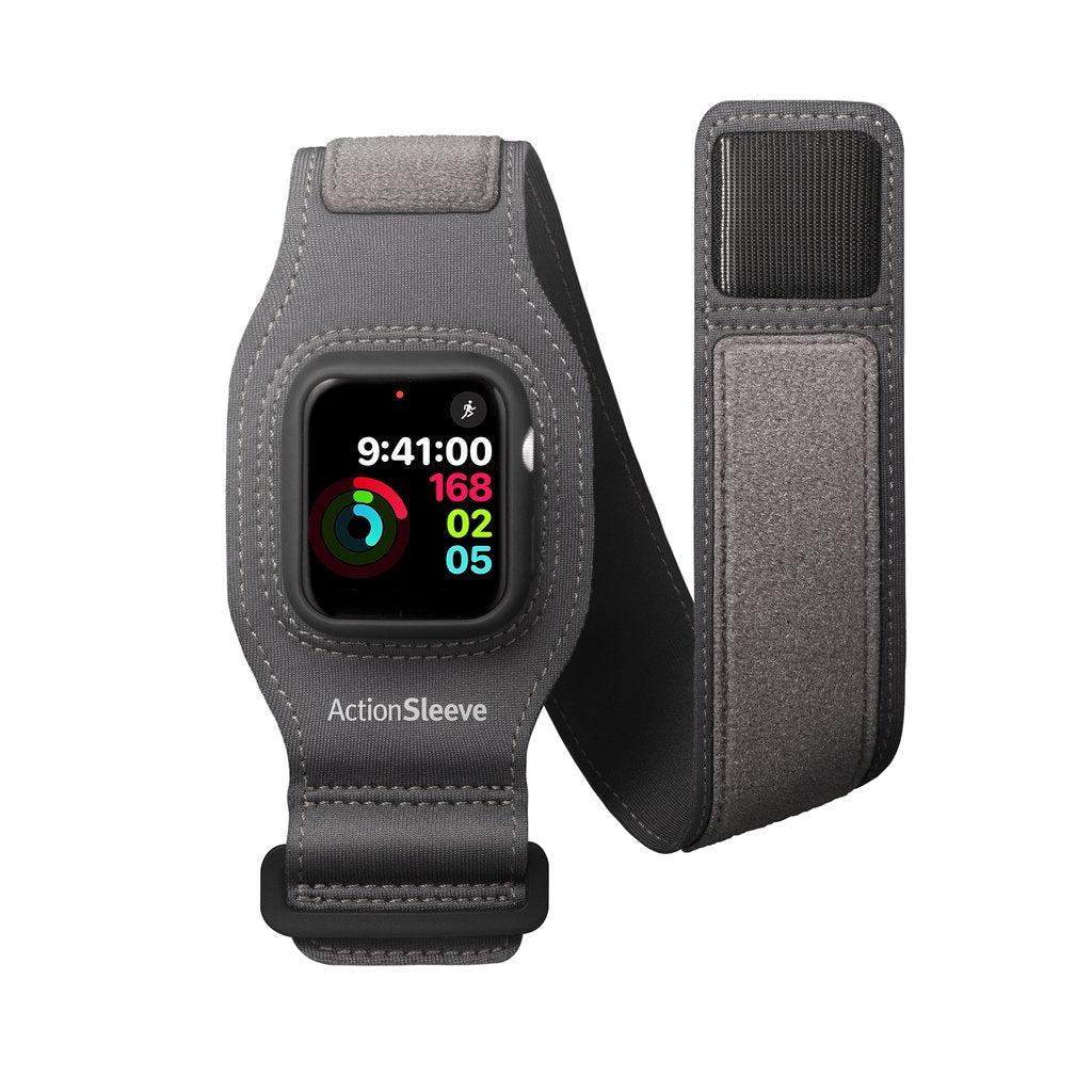 Twelve South ActionSleeve 2 for Apple Watch 44mm Series SE/6/5/4 | Washable Fabric Armband to Free Your Wrist for Sports or Activities Hypo-Allergenic Hook & Loop, Built-in Bumper Shield - Grey