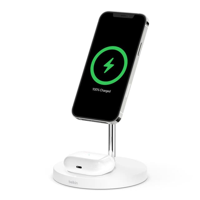 حامل شاحن لاسلكي 2 ب 1 بخاصية MagSafe - أبيض - BOOST CHARGE PRO 2-IN-1 Wireless Charger Stand with MagSafe - for Apple iPhone & AirPods Case - Belkin