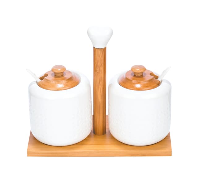 طقم توابل ( 2 قطعة ) مع حامل خشبي - ابيض Royalford -  Porcelain Condiment Set with Wooden Stand - Ideal for Daily Use