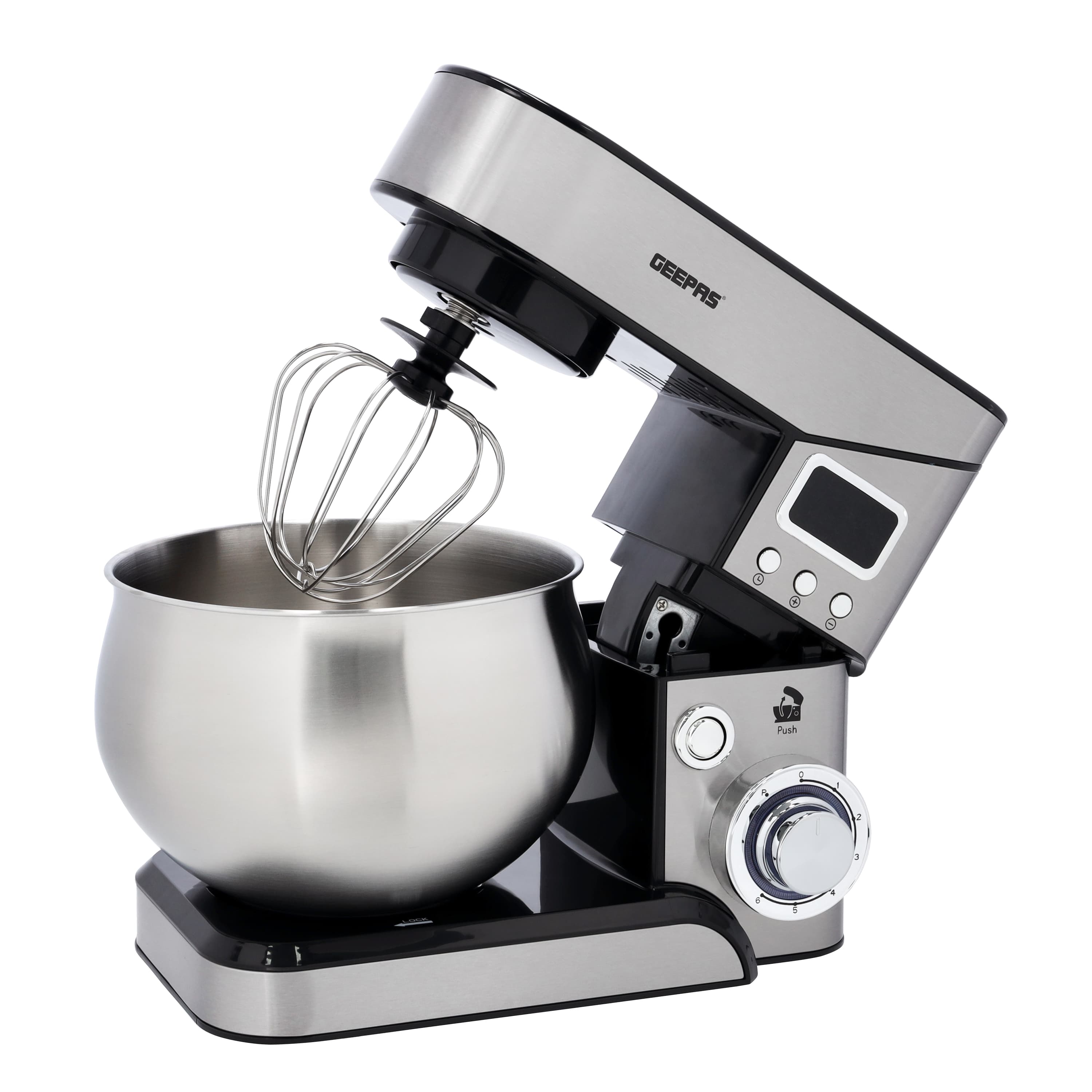 Geepas Digital Multi-Function Kitchen Machine, GSM43046 | 6 Speed Control | Kitchen Electric Mixer with Dough Hook, Whisk, Beater | 5L Stainless Steel Bowl with Lid | 1300W Powerful Motor