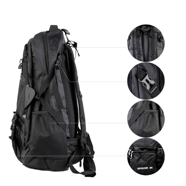 شنطة ظهر للتخييم بسعة 65 ليتر لون أسود Hiking Backpack 65L Mountain Camping Trekking Daypack Gear - PARA JOHN