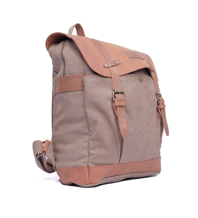 شنطة ظهر جلد لون بيج مقاس 15 بوصة Leather Canvas Backpack - Canvy - 190139