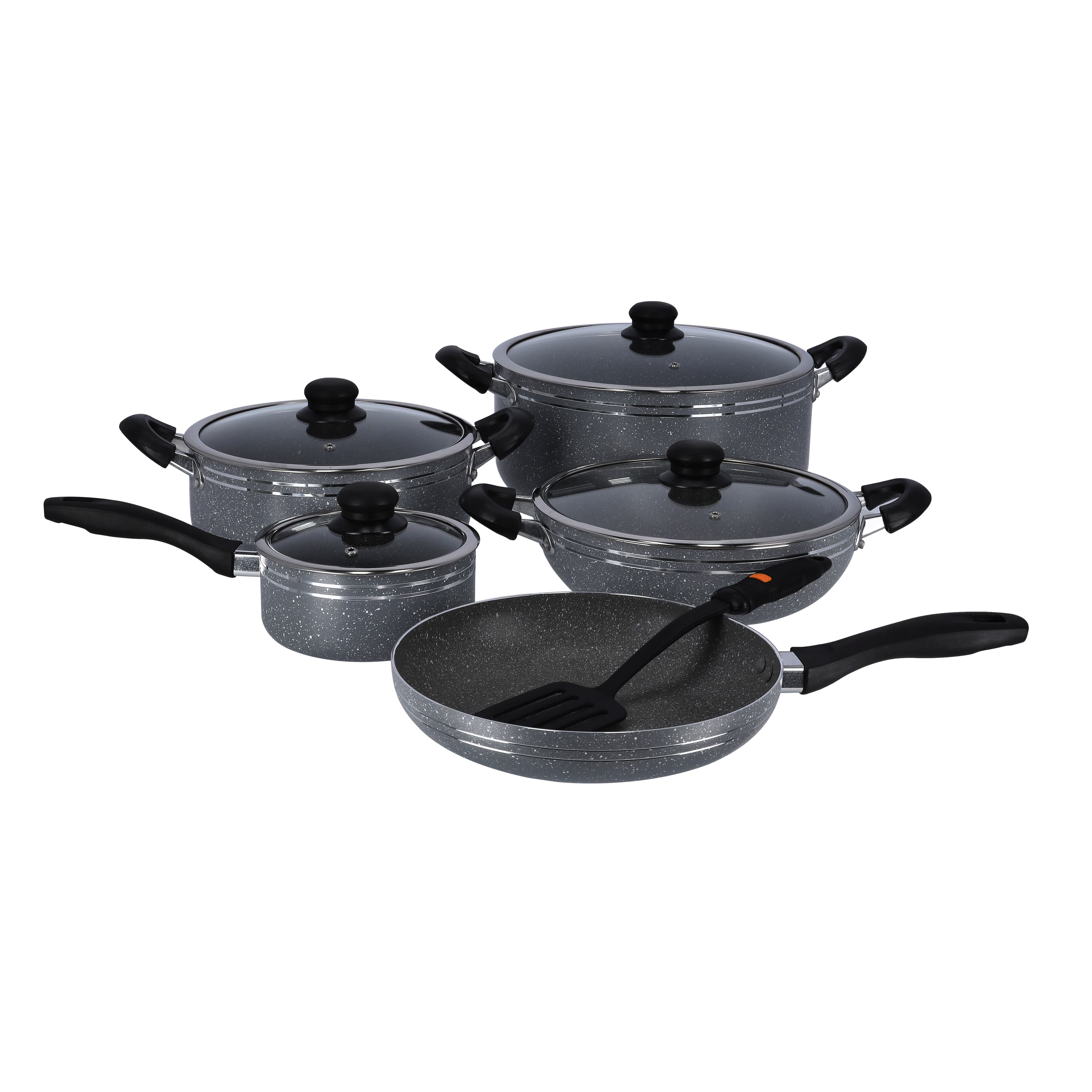 Delcasa Non-Stick Cookware Set With Granite Coating, DC1889 | Aluminium Body | Tempered Glass Lid | Bakelite Handle | Dishwasher-Safe