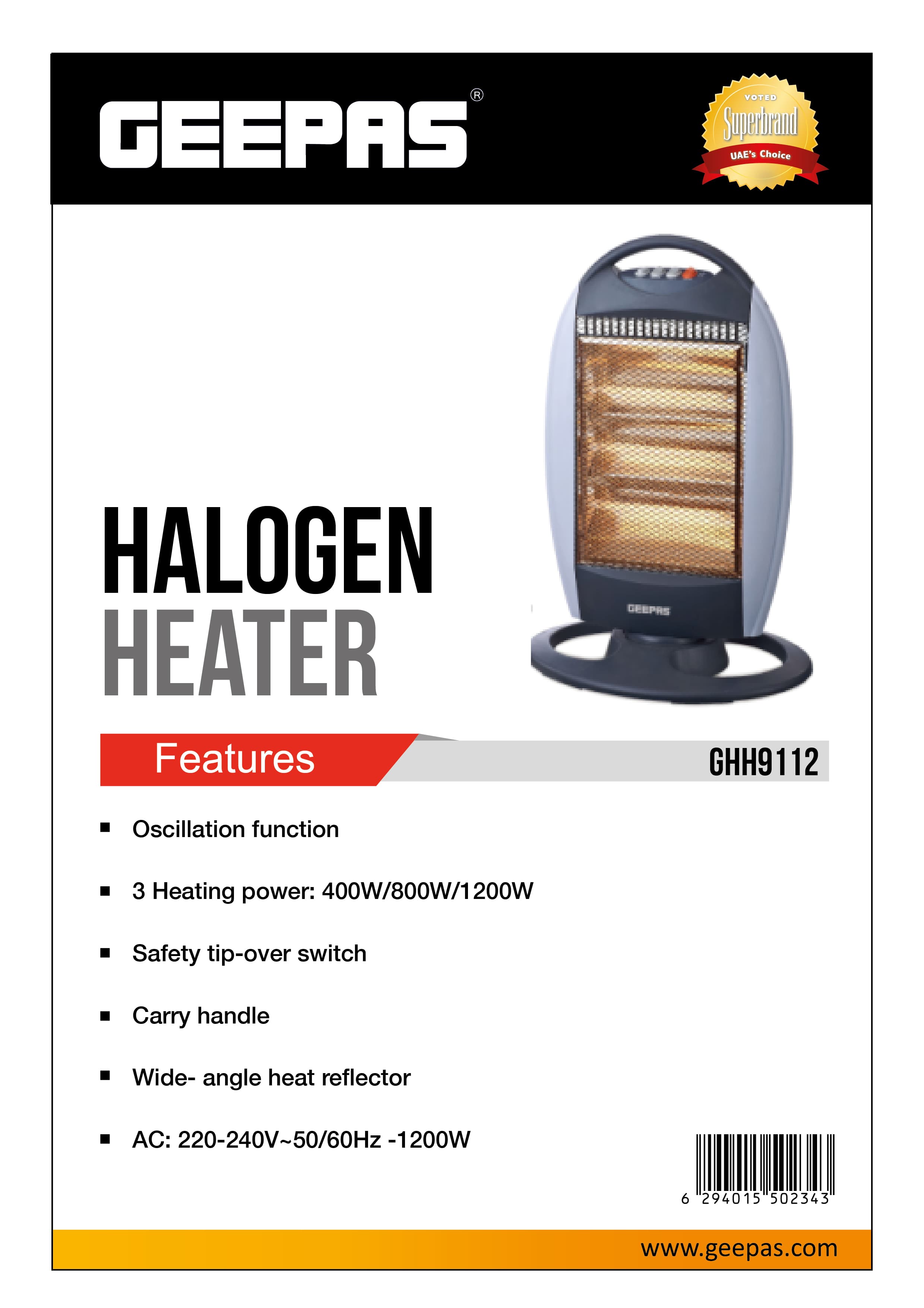 Geepas Halogen Heater/3Heat Setng/Oscltation1x3