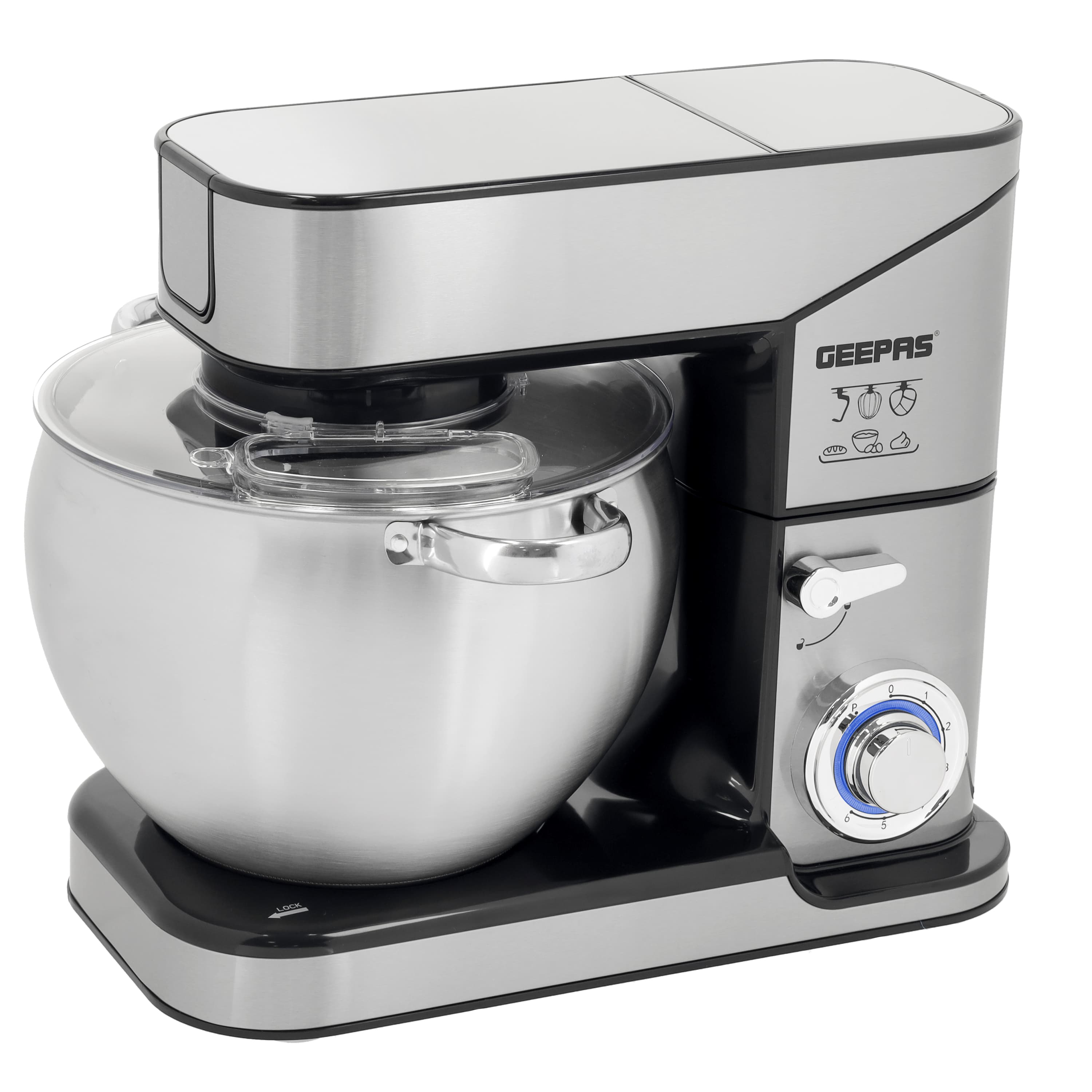 Geepas Multi-Function Kitchen Machine, GSM43044 | 10L Stainless Steel Bowl With Lid | 1.5L Glass Blender Jar | Meat Grinder | 6 Speed Control | Kitchen Electric Mixer With Dough Hook, Whisk, Beater