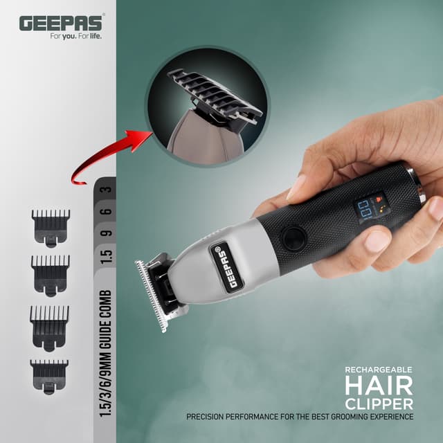 Geepas Rechargeable Hair Clipper with LED Display, GTR56028 | Lithium Battery, 120mins Working | Stainless Steel Blades | Travel Lock | USB Charging | 4 Guide Combs