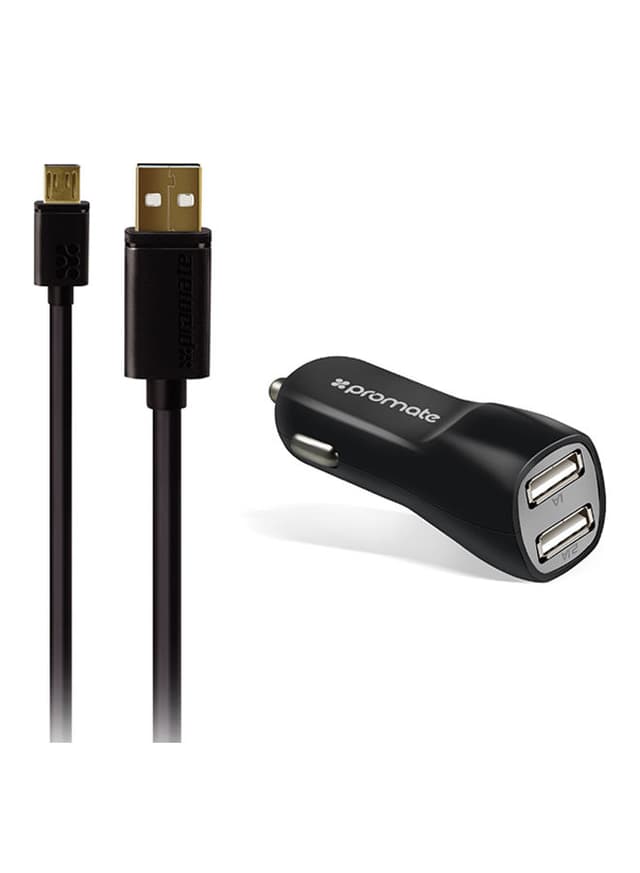 promate Car Charger, 3.1A Dual USB Port Car Charger with Micro-USB Sync and Charger Cable for Smartphone and Tablets Black