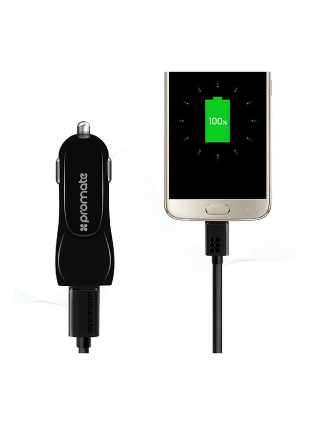 promate Car Charger, 3.1A Dual USB Port Car Charger with Micro-USB Sync and Charger Cable for Smartphone and Tablets Black