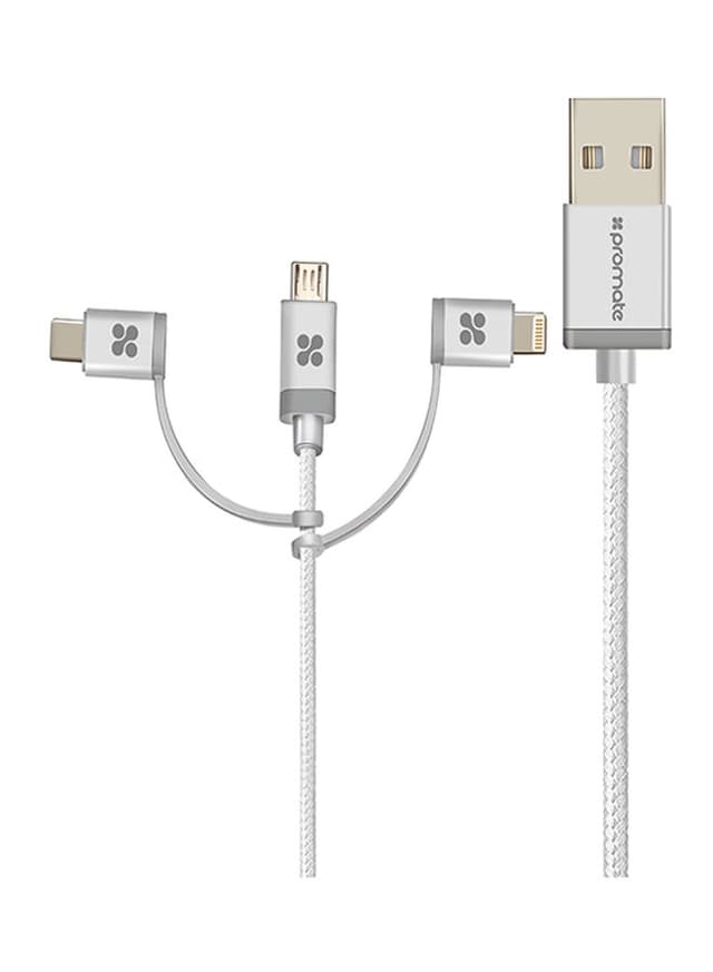 promate USB-C Type C, Micro USB, Apple MFi Lightning Cable 3 in 1 Triple Head Data and Charge Cable For Apple, Android and Type C Devices, Unilink-Trio Silver