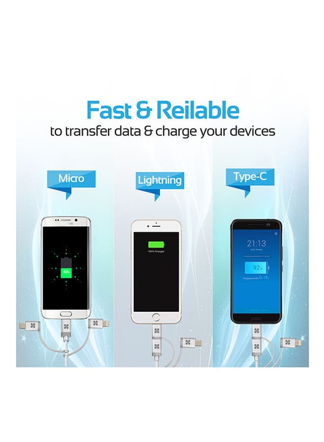 promate USB-C Type C, Micro USB, Apple MFi Lightning Cable 3 in 1 Triple Head Data and Charge Cable For Apple, Android and Type C Devices, Unilink-Trio Silver