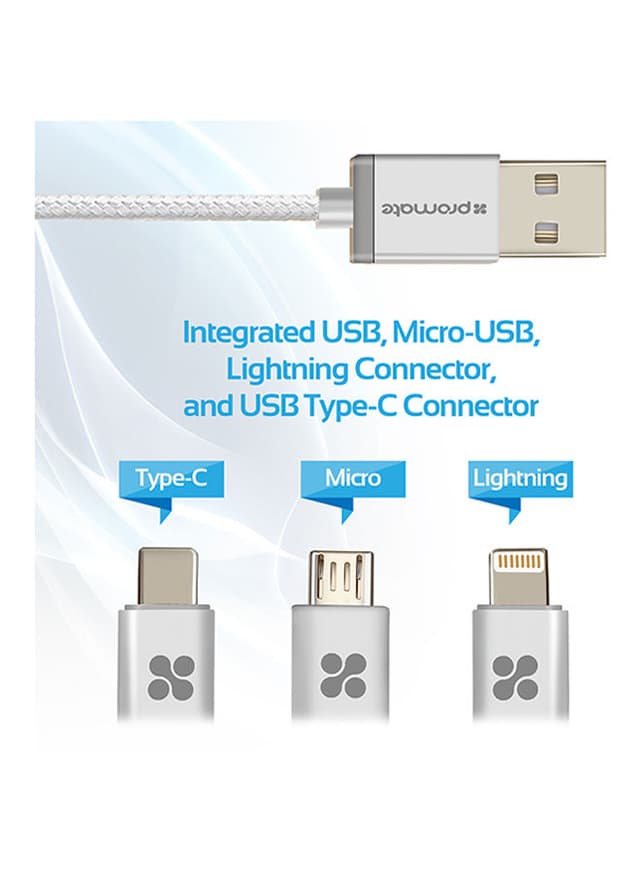 promate USB-C Type C, Micro USB, Apple MFi Lightning Cable 3 in 1 Triple Head Data and Charge Cable For Apple, Android and Type C Devices, Unilink-Trio Silver