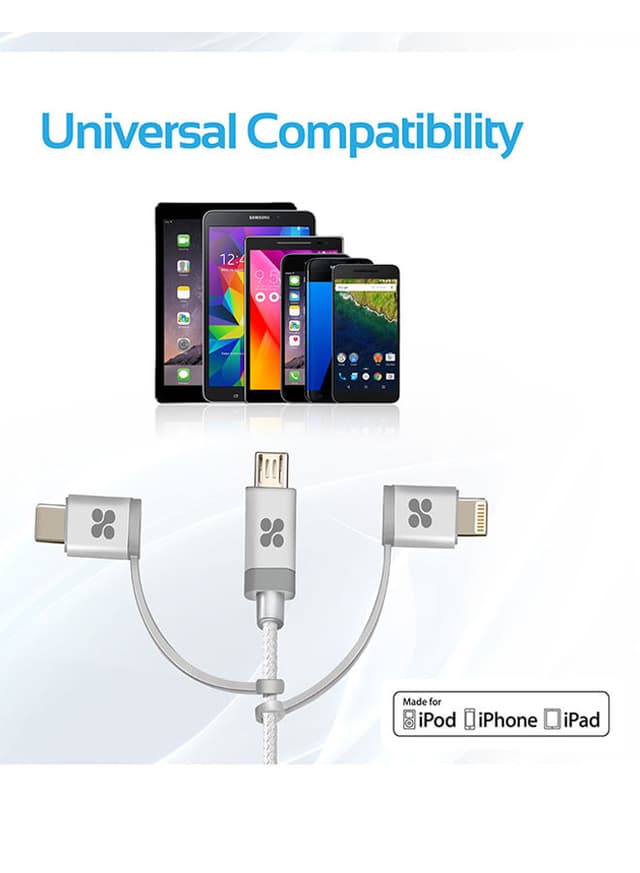 promate USB-C Type C, Micro USB, Apple MFi Lightning Cable 3 in 1 Triple Head Data and Charge Cable For Apple, Android and Type C Devices, Unilink-Trio Silver