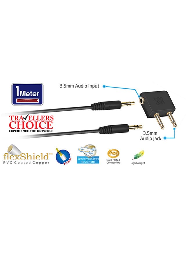 Premium Aircraft Headphone Adapter Kit With Audio Cable Black