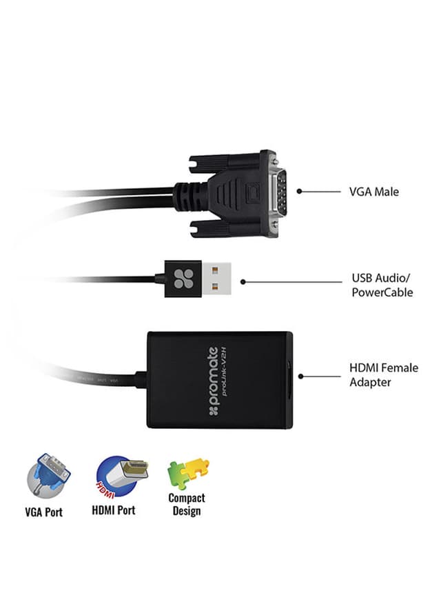 promate VGA To HDMI Converter Adaptor 1080p HD Resolution With Audio Support TV AV HDTV Black - 202458