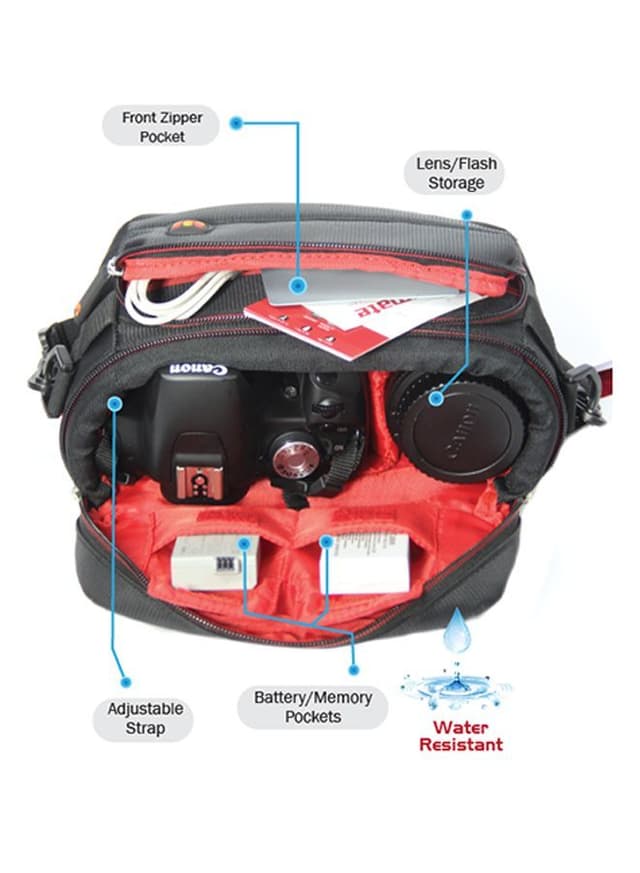 شنطة كاميرا نايلون مضادة للماء أسود Promate - Camera Shoulder Bag , DSLR/SLR for Sony Canon, Nikon – HandyPak1-S Black
