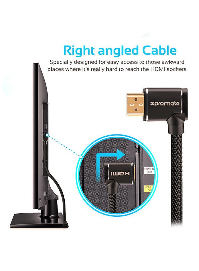 وصلة (كيبل) HDMI 4K بزاوية 90 درجة 3 متر أسود Promate - HDMI Cable With High-Speed And 90 Degree Right-Angle 4K - Black