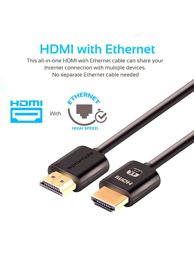 وصلة (كيبل) 4K HDMI بموصلات مطلية أسود Promate - 4K HDMI Cable, High-Speed HDMI Cable with 24K Gold Plated Connector Black