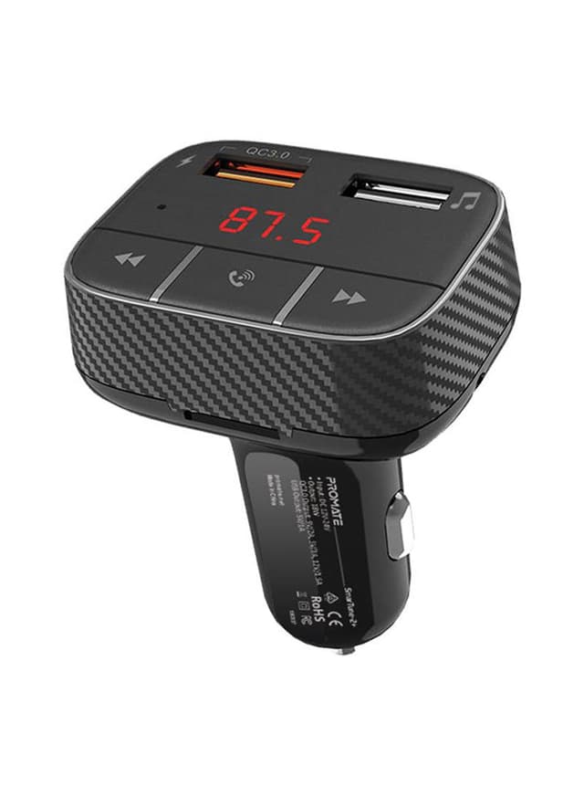 promate Bluetooth V5.0 Car FM Transmitter, Wireless Radio Adapter Hands-Free Car Kit with Ultra-Fast Quick Charge 3.0 Port, 1A USB Port, AUX Input, Micro-SD Card Slot, Remote Control and LED Display, SmarTune-2+ Black