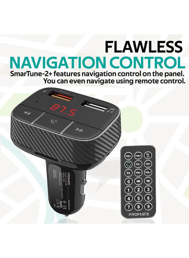 promate Bluetooth V5.0 Car FM Transmitter, Wireless Radio Adapter Hands-Free Car Kit with Ultra-Fast Quick Charge 3.0 Port, 1A USB Port, AUX Input, Micro-SD Card Slot, Remote Control and LED Display, SmarTune-2+ Black