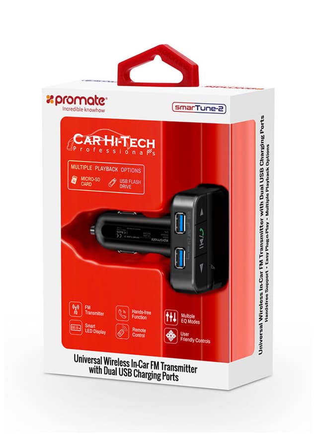 promate Bluetooth V5.0 Car FM Transmitter, Wireless Radio Adapter Hands-Free Car Kit with Ultra-Fast Quick Charge 3.0 Port, 1A USB Port, AUX Input, Micro-SD Card Slot, Remote Control and LED Display, SmarTune-2+ Black