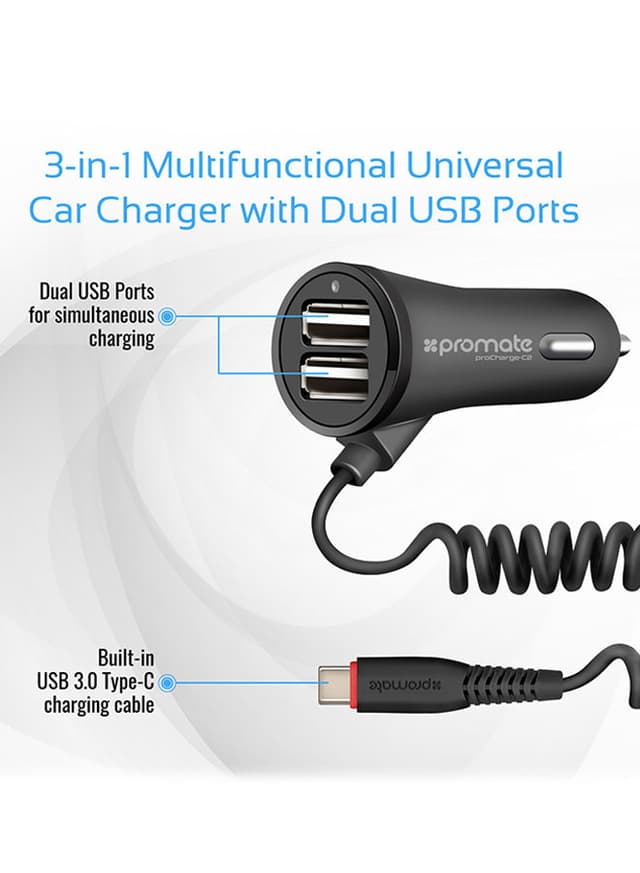 شاحن ولاعة السيارة Type C مع مداخل USB إضافية | Ultra-Fast 2.4A Dual USB Car Charger Black