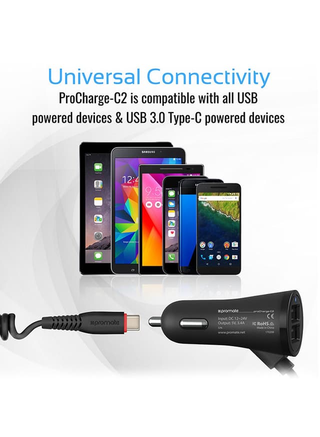 شاحن ولاعة السيارة Type C مع مداخل USB إضافية | Ultra-Fast 2.4A Dual USB Car Charger Black