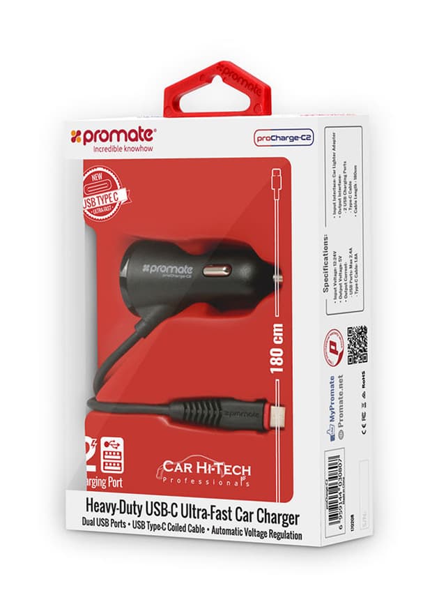 شاحن ولاعة السيارة Type C مع مداخل USB إضافية | Ultra-Fast 2.4A Dual USB Car Charger Black