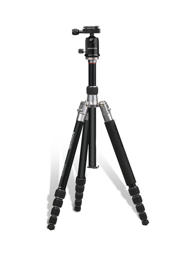 promate Travel Tripod, Professional Aluminium 160cm Tripod with Integrated Monopod and 5 Section, Dual Bubble Level, 360 Degree Head for Canon, Nikon, DSLR, Smartphones Black